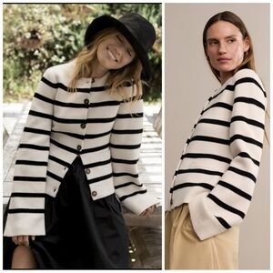 Jenni Kayne Cooper Striped Cardigan Black Ivory Button Up Sweater Size XL